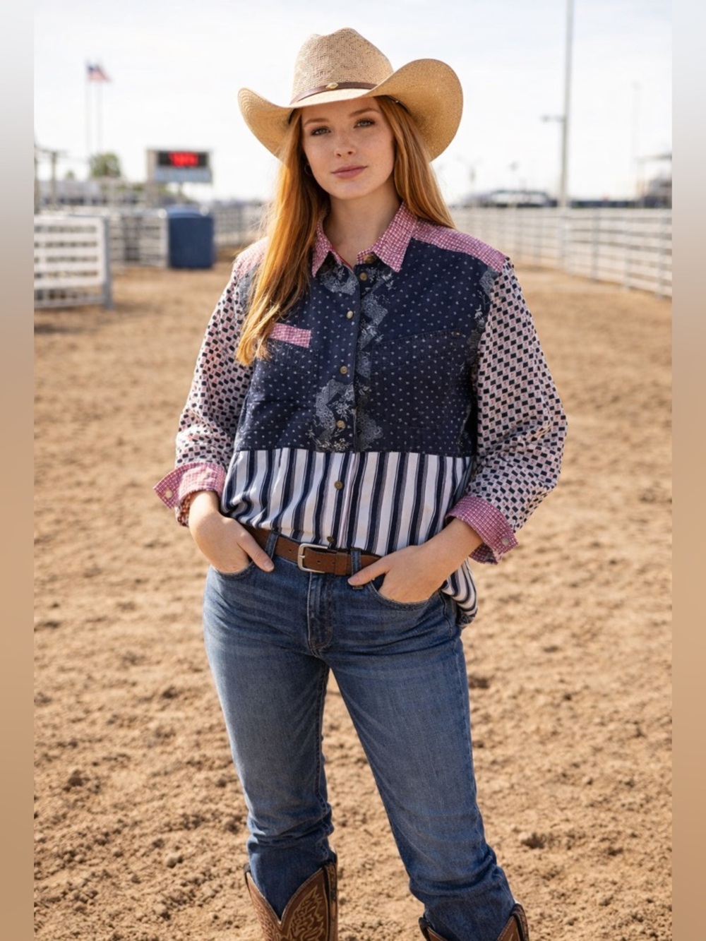 Vintage Mixed Print Cotton Shirt Womens L Blue Red White Western Americana Rodeo